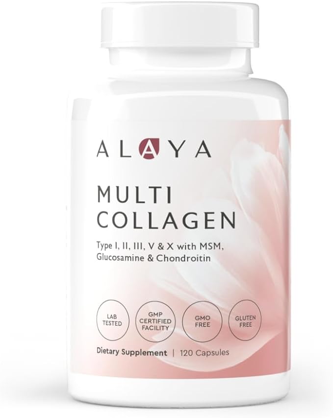 Alaya Naturals Hydrolyzed Multi Collagen Peptides Protein Capsules - Type I, II, III, V, X Grass-Fed Bovine, Chicken, Marine Collagen Supplement with MSM + GC (Capsules - 120 Count)