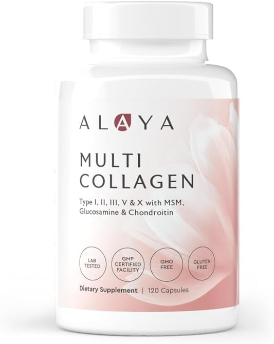 Alaya Naturals Hydrolyzed Multi Collagen Peptides Protein Capsules - Type I, II, III, V, X Grass-Fed Bovine, Chicken, Marine Collagen Supplement with MSM + GC (Capsules - 120 Count)
