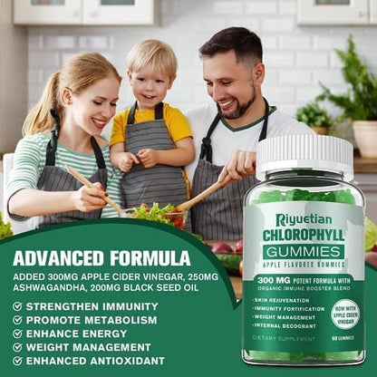 Sugar Free Chlorophyll Gummies - with Unfiltered ACV & Vitamin C、B12 - Energy Boost, Immune & Digestion Support, Natural Deodorant, Skin Care - Vegan, Non-GMO - 120 Gummies