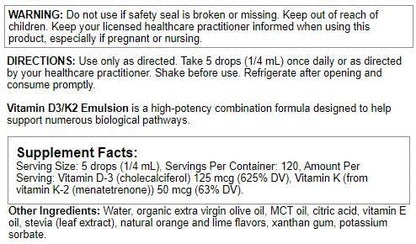 Nutra Biogenesis Vitamin D3/K2 Emulsion - Liquid Vitamin D Drops with MCT Oil, D3 K2 Supplement for Adults and Kids, Sublingual Oil Dropper for Women and Men - 1 Fl Oz Bottle (30 ml)