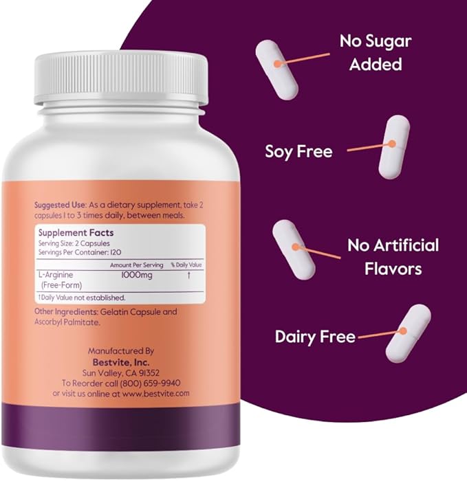 BESTVITE L-Arginine 500mg (240 Capsules) - No Magnesium Stearate - No Silicon Dioxide - No Fillers - Non GMO - Gluten Free