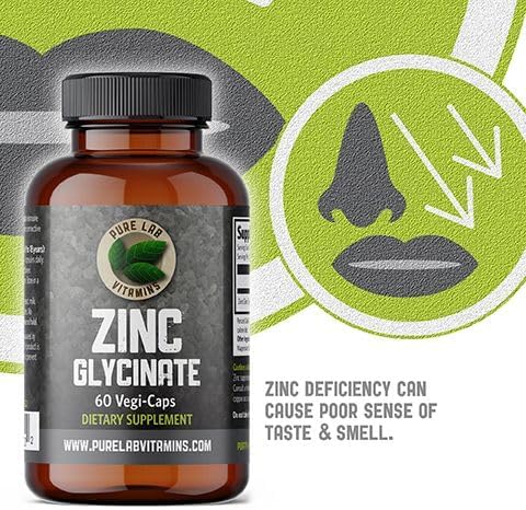 Zinc Glycinate 23 mg Supplement - 60 Vegan Caps by Pure Lab Vitamins - Amino Acid Salt for Healthy Skin & Nails - Supports The Immune System, Prostate, Vision - Made in Canada