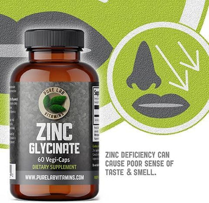 Zinc Glycinate 23 mg Supplement - 60 Vegan Caps by Pure Lab Vitamins - Amino Acid Salt for Healthy Skin & Nails - Supports The Immune System, Prostate, Vision - Made in Canada