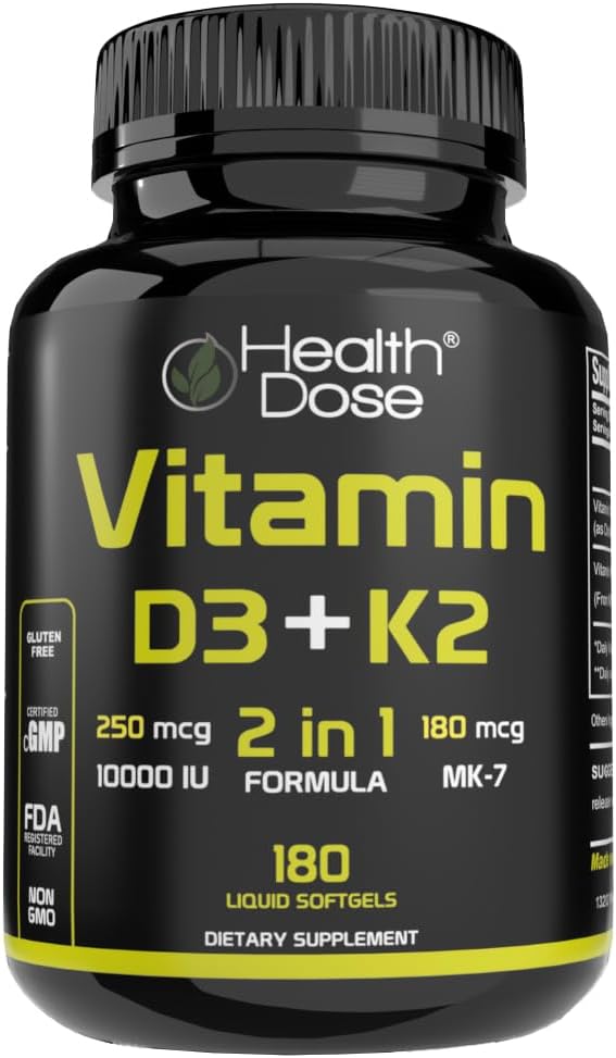 Vitamin D3 10,000 IU + K2 (MK7) Supplement, 2-in-1 Formula, Immune Support, a Healthy Mood, Heart, Joint, Teeth, Bone Health, Calcium Absorption, 180 softgels. (1)