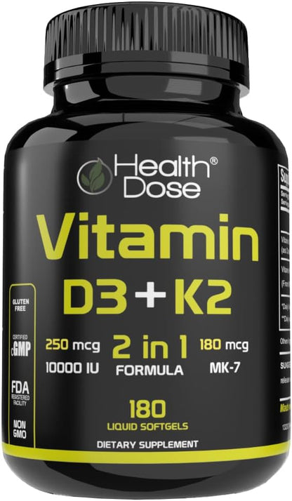 Vitamin D3 10,000 IU + K2 (MK7) Supplement, 2-in-1 Formula, Immune Support, a Healthy Mood, Heart, Joint, Teeth, Bone Health, Calcium Absorption, 180 softgels. (1)