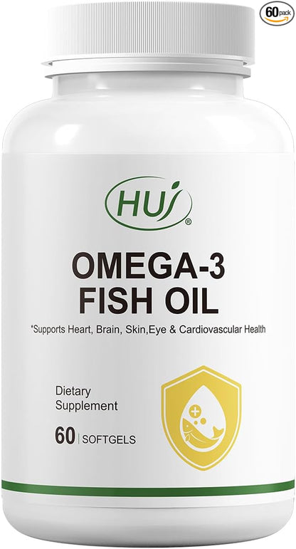 HUJ Omega 3 Fish Oil 1000mg Softgels - EPA+DPA, Fish Oil Omega 3 for Heart, Brain, Skin, Eyes & Cardiovascular Support *- 60 Softgels