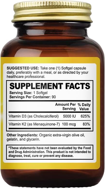 Vitamin D3 + K2 5000 IU - Liposomal Technology for Enhanced Absorption - MK-7 Vitamin K2 100mcg - Supports Bone & Calcium Metabolism - D3K2 Supplement for Men & Women - 90 Softgels