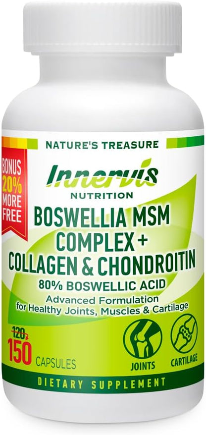 Boswellia MSM Complex + Collagen & Chondroitin | 80% Boswellic Acid | Joint Support Supplement for Mobility & Flexibility | Turmeric, Ginger, Bromelain, BioPerine® | 150 Capsules