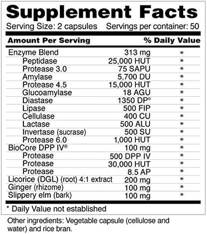 Digestive Helper with BioCore DPP IV, Multi Digestive Enzyme Supplement for Gluten Digestion and Breakdown of Fats, Casein, Proteins (100 Capsules, Vegetarian)