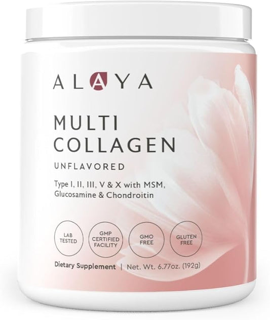 Alaya Multi Collagen Powder - Supports Hair, Skin, Nails & Bone Health for Women and Men - 5 Types Hydrolyzed Collagen Peptides Protein Powder Supplement with MSM + Glucosamine (20 Serving)
