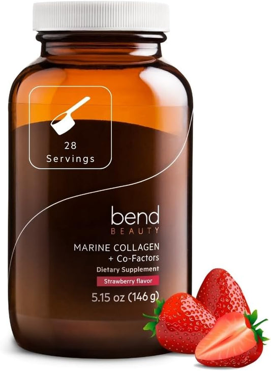 Bend Beauty Marine Collagen + Co-Factors | Strawberry Flavored Collagen Powder | Hydrolyzed Collagen Supplement | Fish Collagen Peptides + Silicon + Vitamin C | Supports Healthy Skin, Hair & Nails