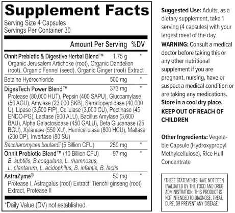 ONNIT Total Gut Health Daily Digestive Support, Complete Digestion Supplement for Women and Men with 7 Strains of Probiotics, Prebiotics, Enzymes and Betaine HCL, 120 Count