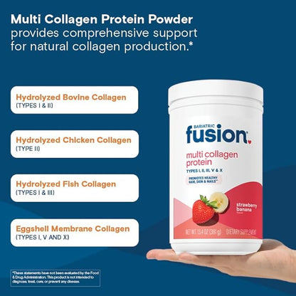 Bariatric Fusion Strawberry Banana Multi Collagen Protein Powder | Plus Joint Support Complex of MSM and Glucosamine | Dairy, Gluten & Soy Free | Non-GMO | 30 Servings
