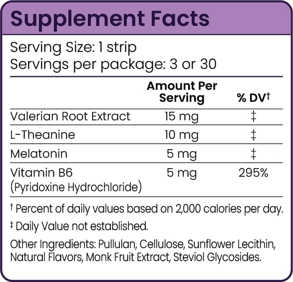 Sleep Strips, Fast Acting Dissolvable Oral Supplement with 5mg Melatonin, Valerian Root, L-Theanine, Vitamin B6, Natural Flavors, Vegan (6 Count)