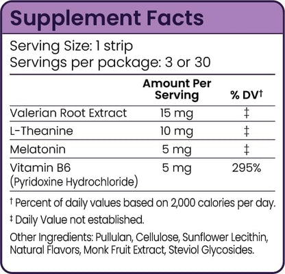 Sleep Strips, Fast Acting Dissolvable Oral Supplement with 5mg Melatonin, Valerian Root, L-Theanine, Vitamin B6, Natural Flavors, Vegan (30 Count)