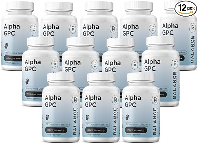 Alpha GPC Choline Supplement 600mg, 120 Veg Capsules - Advanced Memory Formula, Nootropic Brain Support (Pack of 12)
