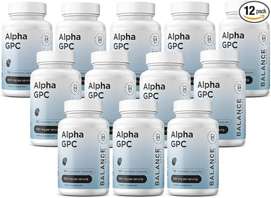 Alpha GPC Choline Supplement 600mg, 120 Veg Capsules - Advanced Memory Formula, Nootropic Brain Support (Pack of 12)