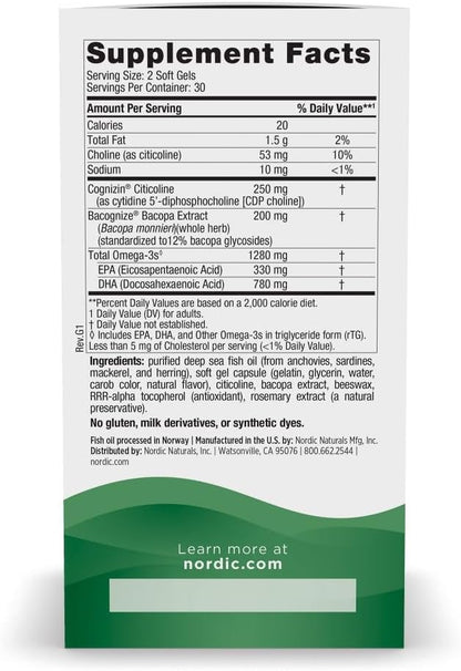 Nordic Naturals Omega Focus, Lemon - 60 Soft Gels - 1280 mg Omega-3 + Citicoline & Bacopa Monnieri Extract - Focus, Attention, Memory, Brain Health - Non-GMO - 30 Servings