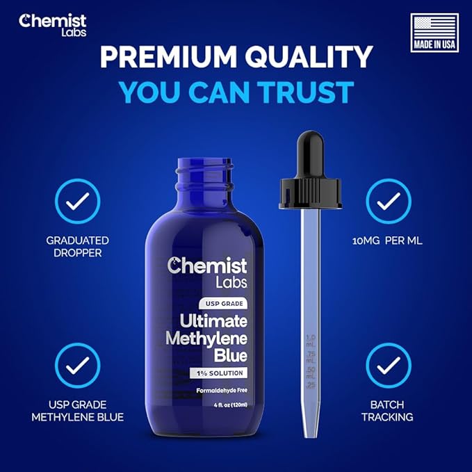 Methylene Blue | 1% USP Grade Solution | 4oz Liquid Drops | Pharmaceutical Grade | Cellular Energy & Mitochondrial Support | Formaldehyde Free | Made in USA (4oz)