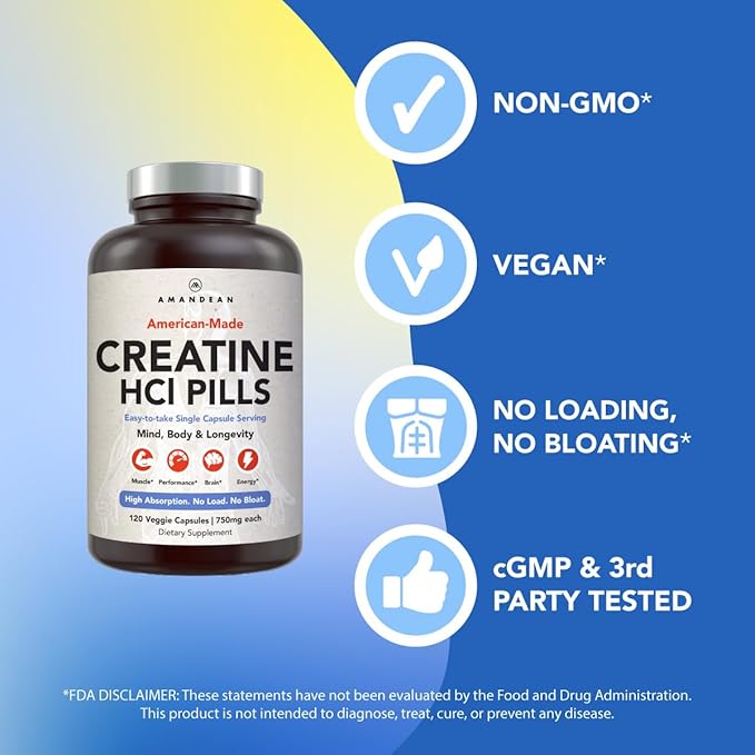 AMANDEAN Creatine HCl Pills. American Made CON-CRET. 120 Capsules. 7X Concentrated vs Monohydrate Powder. No Bloat. Muscle, Energy, Cognitive, Recovery Support for Men & Women. Gluten Free, Non-GMO.