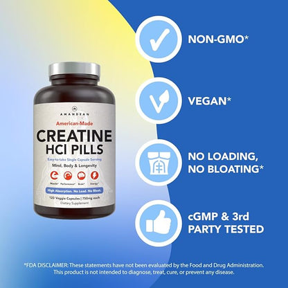 AMANDEAN Creatine HCl Pills. American Made CON-CRET. 120 Capsules. 7X Concentrated vs Monohydrate Powder. No Bloat. Muscle, Energy, Cognitive, Recovery Support for Men & Women. Gluten Free, Non-GMO.