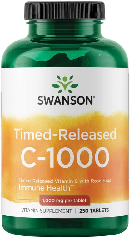 Swanson Timed-Release Vitamin C with Rose HIPS Immune System Support Skin Cardiovascular Health Antioxidant Supplement 1000 mg 250 Tablets