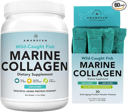 AMANDEAN Marine Collagen Duo. 500g Container + 30 Travel Packs. Hydrolyzed Fish Collagen Peptides for Skin, Hair & Nails. Pescatarian, Keto & Paleo-Friendly, Unflavored