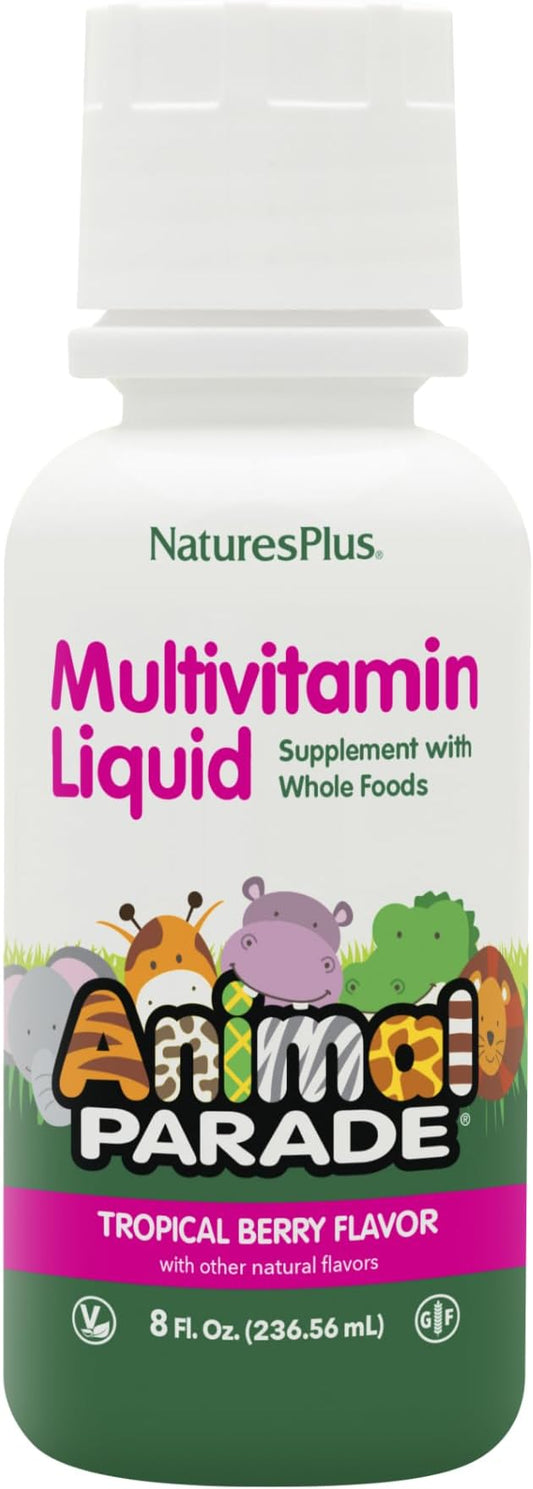 Natures Plus Animal Parade Children's Liquid Multivitamin - Tropical Berry Flavor - 8 fl oz - Whole Food Supplement - Vegetarian, Gluten Free - 16 Servings