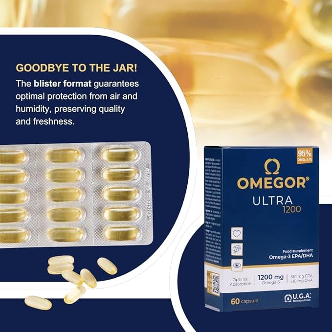 OMEGOR Omega 3 Fish Oil 1200mg Ultra - 610mg EPA and 510 DHA Omega3 IFOS Certified - High Bioavailability and No Aftertaste (60 Caps)