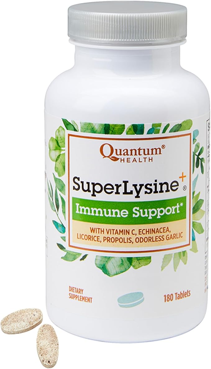 Quantum Health Super Lysine+ / Advanced Formula Lysine+ Immune Support with Vitamin C, Echinacea, Licorice, Propolis, Odorless Garlic (180 Tablets), Packaging may vary