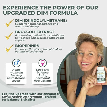 Swiss Activa+ DIM Supplement – New Formula – Hormone Balance for Women & Men – Estrogen Supplement for Women and Men– Supports Hormonal Acne & Menopause Symptoms – 60 Days Supply