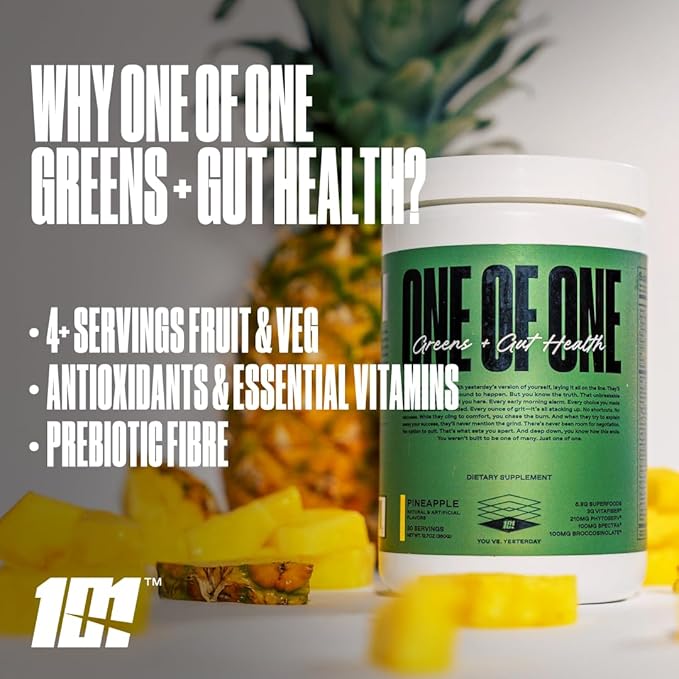 ONE of ONE Greens & Gut Health – Superfood Greens Powder with Prebiotics, Probiotics & Digestive Enzymes for Gut Health, Immunity & Energy, No Artificial Sweeteners - Pineapple, 30 Serving