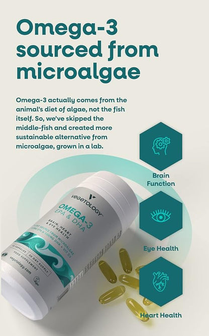 Vegan Omega 3 Supplement – Omega-3, EPA, DHA Supplements & Vitamin D3 – Algae Omega 3 Vegan Supplements for Brain, Eye & Heart Health – Omega 3 for Kids & Adults (180 Capsules)