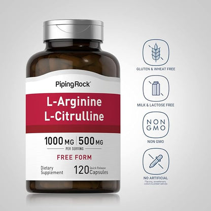 Piping Rock L-Arginine L-Citrulline Supplement | 1000 mg | 120 Capsules | Pre Workout | Free Form | Non-GMO, Gluten Free