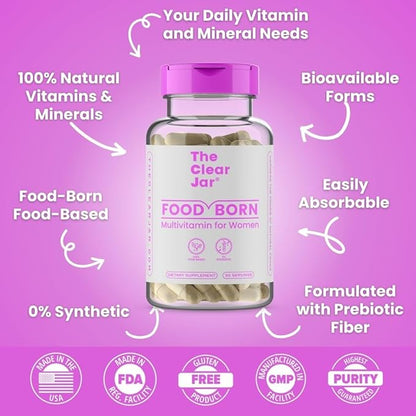 Food-Born Multivitamins for Women - 13 Daily Vitamins and 8 Minerals: A D2 C K1 E B1 B6 B12, Selenium, Zinc, Iron, etc Essentials for Health, Food-Based Bioactive Vitamins, Vegan, 60-Capsule