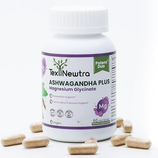 Ashwagandha with Magnesium Glycinate Supplement - 500mg Ashwagandha Root Extract & 110mg Bioavailable Magnesium - 60 Capsules