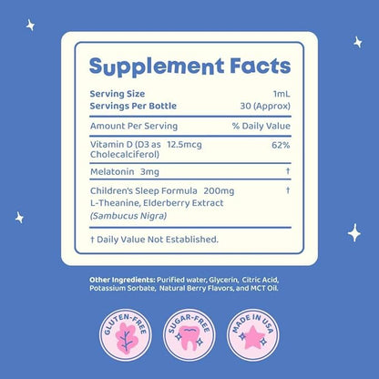 SleepBerry Liquid Melatonin for Kids - Natural Sleep Aid with Elderberry and Vitamin D - Boosts Immune System While They Sleep (1 Fl oz)