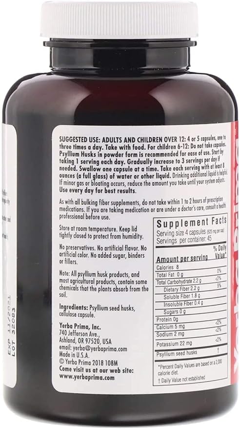 Yerba Prima Psyllium Husks Veg Caps - 180 Count (2 Pack) (625mg) - Vegan, Non-GMO, Gluten Free, Colon Cleanser, Daily Fiber Supplement for Gut Health & Regularity