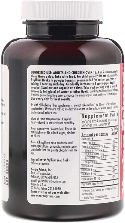 Yerba Prima Psyllium Husks Veg Caps - 180 Count (2 Pack) (625mg) - Vegan, Non-GMO, Gluten Free, Colon Cleanser, Daily Fiber Supplement for Gut Health & Regularity
