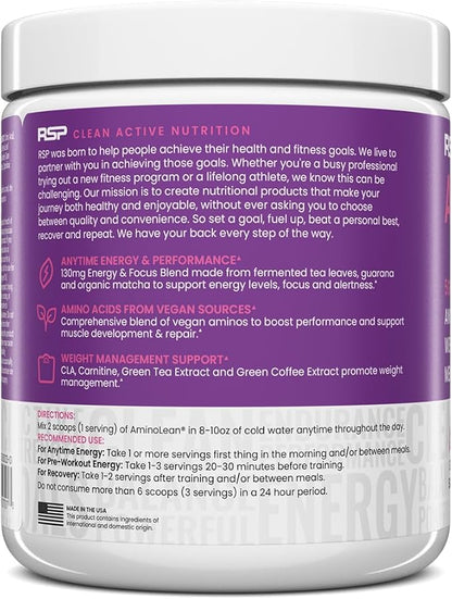 RSP NUTRITION AminoLean Natural Pre Workout Powder, Sucralose Free Amino Energy with No Artificial Dyes, Vegan BCAAs and Weight Management, Acai, 25 Serv