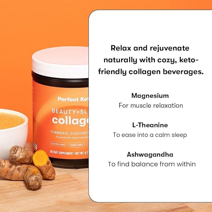 Perfect Keto Beauty + Sleep Grass Fed Collagen Peptides Protein Powder with Ashwagandha, Magnesium, Biotin, Hyaluronic Acid, L Theanine, Hair, Skin, Nails & Relaxation Support, Turmeric Coconut Latte