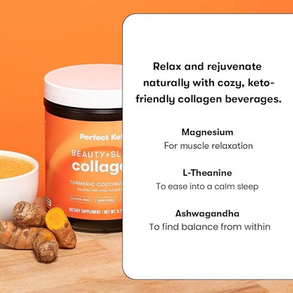 Perfect Keto Beauty + Sleep Grass Fed Collagen Peptides Protein Powder with Ashwagandha, Magnesium, Biotin, Hyaluronic Acid, L Theanine, Hair, Skin, Nails & Relaxation Support, Turmeric Coconut Latte