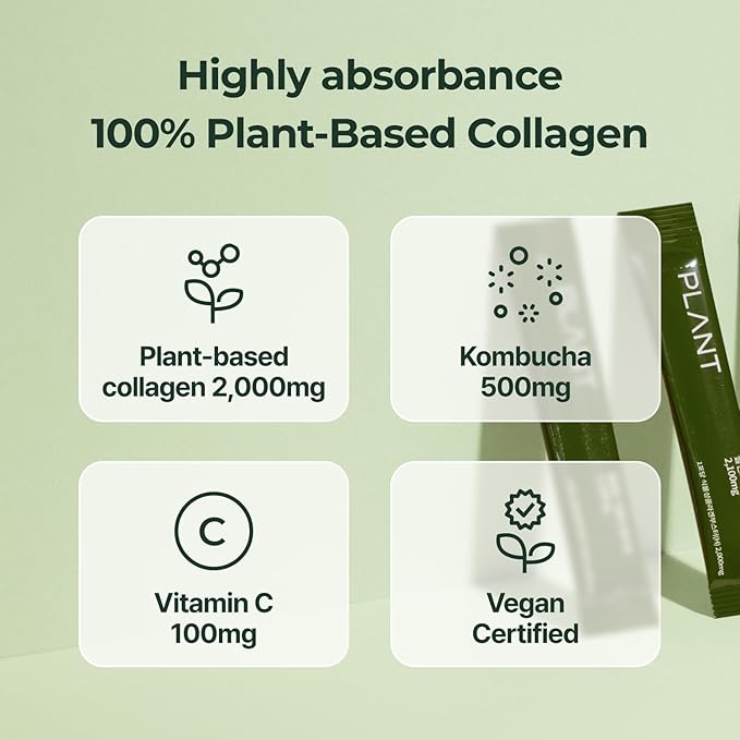 PLANT Vegan Collagen Peptide Kombucha Powder Probioitics & Vitamin C | Tripeptide Vegetarian Collagen Booster 2000mg, Dragonfruit Lime | 15 Packets, Gut & Skin Health Anti-Aging Hydration Drink Mix