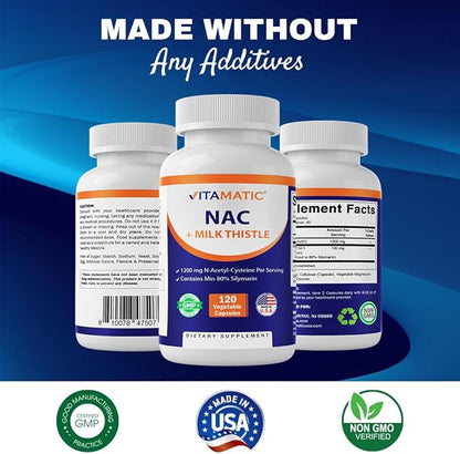 Vitamatic NAC Supplement N-Acetyl-L-Cysteine (NAC) with Milk Thistle 50:1 Extract - Supports Immune, Respiratory, Liver Health, 1200 mg per Serving, 120 Veg Capsules