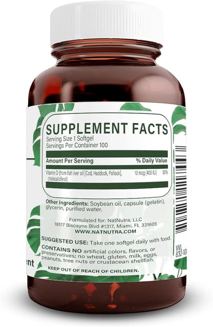 Natural Nutra Supreme Vitamin D3 400 IU Softgels, Helps Boost Immune, Support Lungs Health, Sunshine Vitamin, Helps Improve Cardiovascular Health, Bone and Teeth Strength, Gluten-Free, 100 Softgels