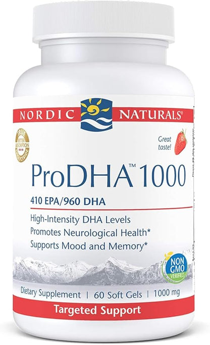 Nordic Naturals ProDHA 1000, Strawberry - 60 Soft Gels - 1660 mg Omega-3 - High-Intensity DHA Formula for Neurological Health, Mood & Memory - Non-GMO - 30 Servings