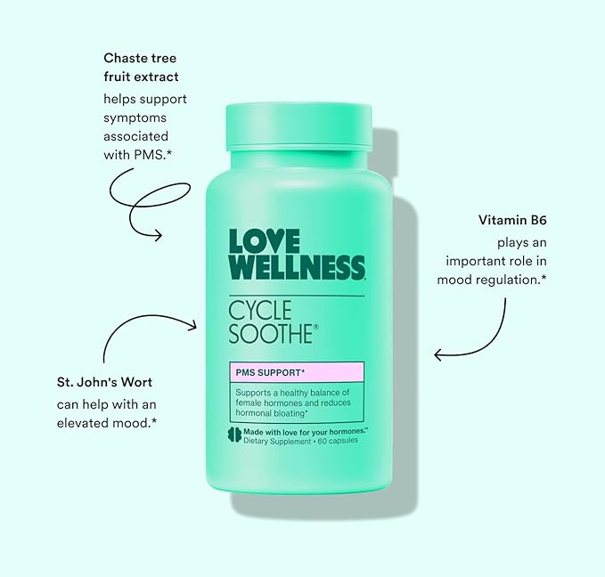 Love Wellness Cycle Soothe Supplement | Promotes a Happy Mood | Helps with PMS Hormones, Stress Relief, & Improves Mood | 60 Capsules