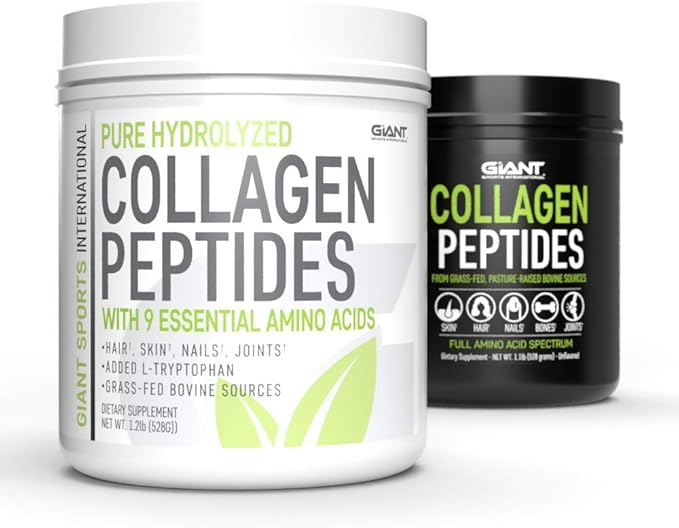 Giant Sports Collagen Peptide Powder - Hydrolyzed Complete All Essential Amino Acids with L-Tryptophan, Great for Skin, Hair, Nails, Bones, Joints - Grass Fed Pasture Raised Type 1 Type 3-1 LB
