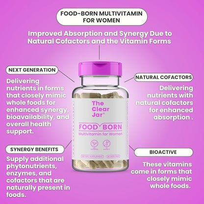 Food-Born Multivitamins for Women - 13 Daily Vitamins and 8 Minerals: A D2 C K1 E B1 B6 B12, Selenium, Zinc, Iron, etc Essentials for Health, Food-Based Bioactive Vitamins, Vegan, 60-Capsule