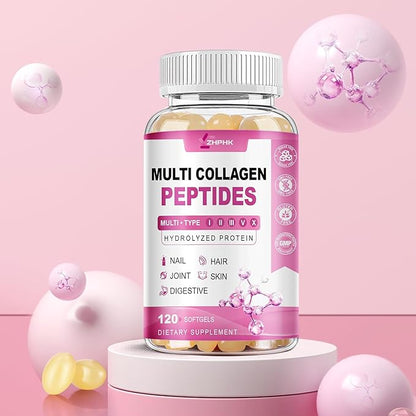 Hydrolyzed Collagen Peptides Pills Mutil Collagen Peptides Colageno Hidrolizado for Women Type I II III V X with Hyaluronic Acid Biotin Vitamin C - Support Skin Hair Nail | 120 Count